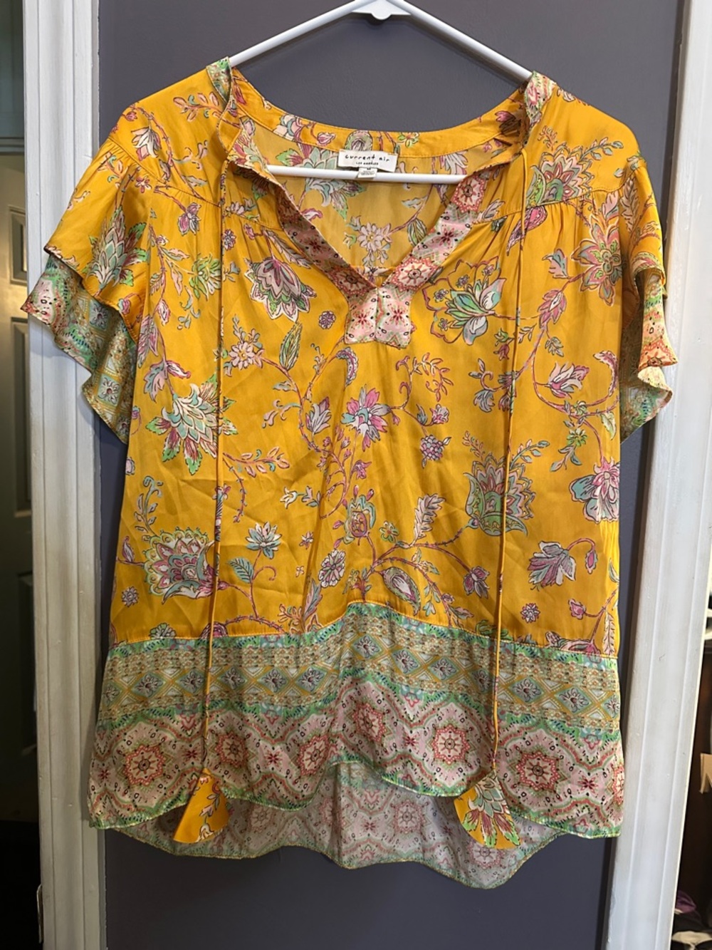 Current Air Yellow Floral Border-Trim Flutter Sleeve Tunic